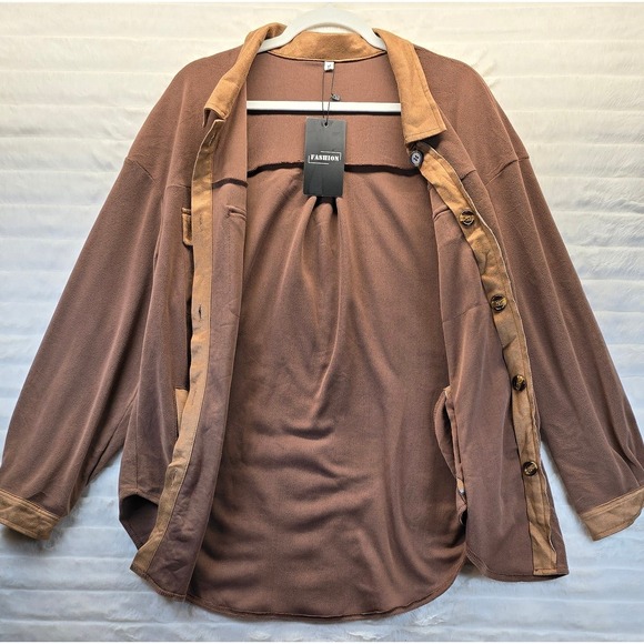 Fleece Shacket Women Medium Brown New Button Down Long Sleeve Oversized - Picture 3 of 8